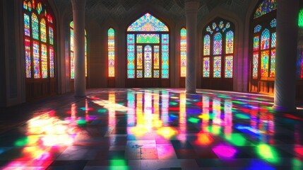 Obraz premium Colorful Stained Glass Windows Illuminate Hall Floor