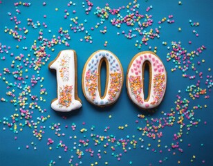 Decorated cookie for birthday or anniversary party, number 100. Colorful background with party decoration.