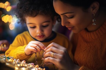 A mother and daughter admiring a piece of jewelry together