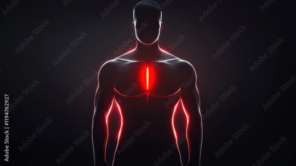 Aufkleber Glowing human torso with vibrant red focal point in the stomach area illuminated against a dark background. Generative AI