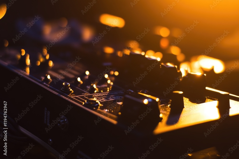 Poster Close-up shot of a sound board in a dimly lit room, ideal for use in audio-related concepts or mysterious settings