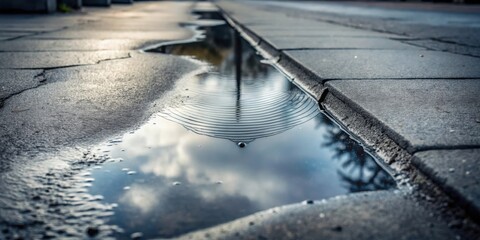 Puddle Reflections Pavement Crack Shows Sky and Tree