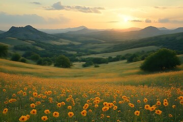 Fototapeta premium Sunset over rolling hills and wildflowers.