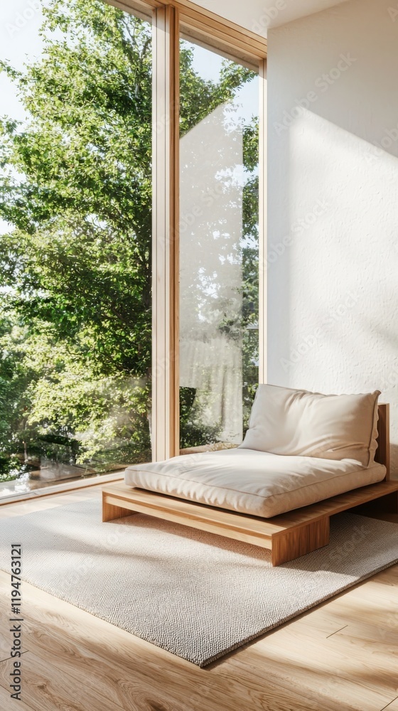 Poster creating a tranquil reading nook with minimal furnishings and soft textures in a sunlit space