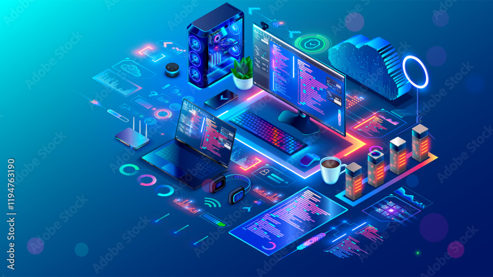 Aufkleber Computer technology isometric concept. Software development, programming, coding. PC, laptop, phone on desk. Environment of programming software. Computer network technology. Network communications.