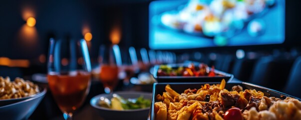 A dinner-and-movie experience with a meal served inside a cinema, 4K photo.