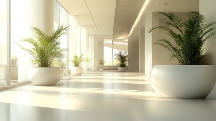 Fototapeta premium A contemporary workspace with large potted plants, minimalist furniture, and sunlight streaming through full-length windows, emphasizing eco-conscious design.