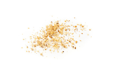 Grated wallnut , broken roasted walnuts, heap of nuts crumbs, whole kernel pieces, fractions