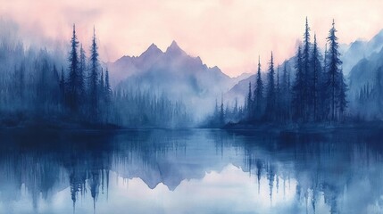 Fototapeta premium Dreamy Watercolor Landscape with Misty Mountains. Generative AI