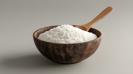 A realistic 3D illustration of a bowl of organic rice with a wooden spoon, highlighting the texture of each grain and the natural wood finish of the spoon for an organic, wholesome look 