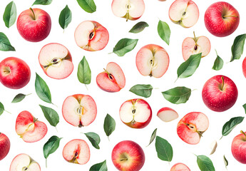 Red Apples Sliced & Whole with Leaves, Isolated on White Background