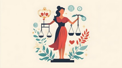 A striking flat design illustration showcasing Lady Justice with a serene expression, holding her iconic scales in one hand and a heart in the other, set against a subtle backdrop of legal symbols; 