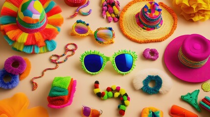 Obraz premium A creative flat lay of vibrant festival accessories, such as bright sunglasses, statement hats, and chunky necklaces, placed on a neutral backdrop.