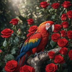 Obraz premium A scarlet macaw perched beside a scattering of roses, the bloom’s texture and shadows intricately detailed on white.