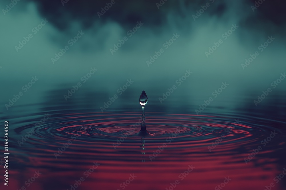 Poster A vibrant scene shows a single droplet splashing into water under an atmospheric red light, evoking a sense of dynamic motion and vivid color contrast.