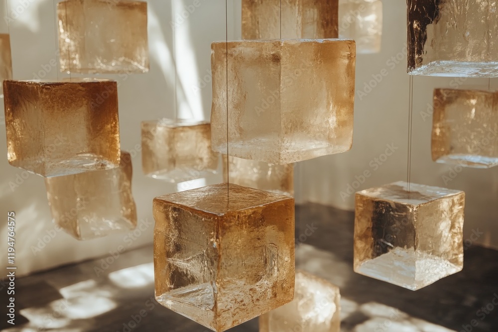Poster Amber-hued translucent cubes are artistically suspended, capturing sunlight in a display of light interplay, showcasing geometric forms and elegance.