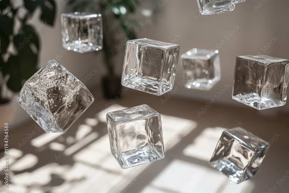 Poster several clear ice cubes appear to float effortlessly in mid-air, bathed in warm sunlight with a hous