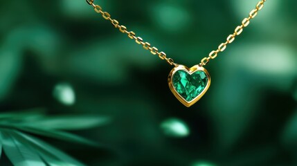 Fototapeta premium A gold and emerald heart necklace placed on a forest green background with leaf accents
