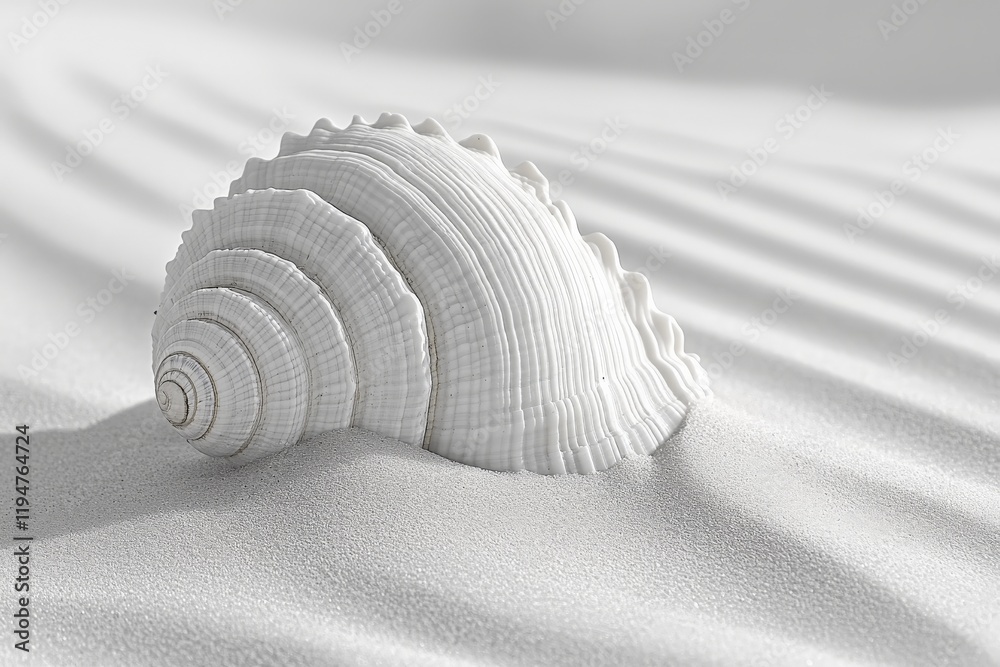 Poster this image depicts a large, white seashell partially buried in the soft sands of a coastal dune, sho