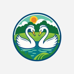 Naklejka premium Pair of swans swimming in the pond hand drawn sketch in vector icon isolated on white background