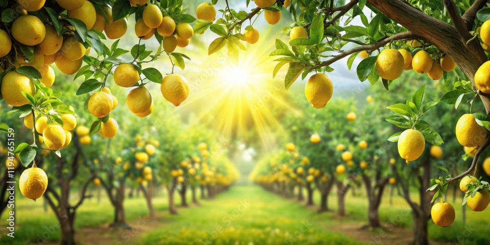 Poster sunlit orchard rows of lemon trees laden with ripe fruit
