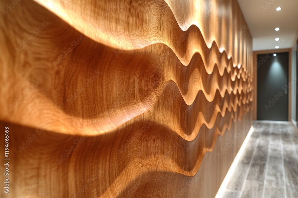 Poster a long, decorative wooden wall panel featuring flowing wavy textures that create an engaging and dyn