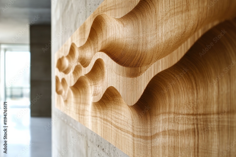 Aufkleber A visually striking wooden artwork featuring curved and wavy patterns mounted on a wall, creating a dynamic, flowing visual effect with natural wood texture.