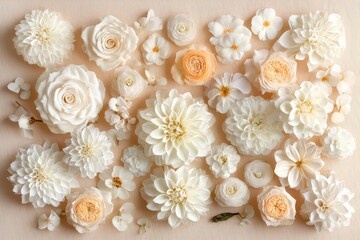 A spread of soft white and peach flowers, beautifully arranged to create a sense of warmth and gentle elegance, perfect for a calming visual experience.