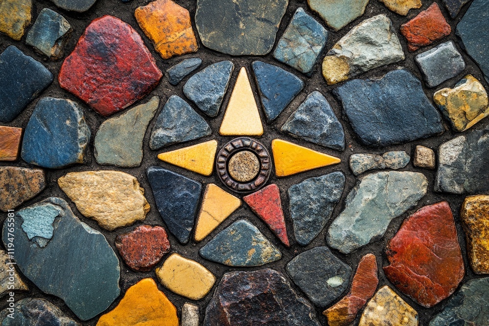 Poster this image showcases a colorful stone mosaic featuring a striking central star design, embodying cre