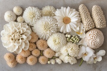 A diverse floral composition featuring an array of white blooms with intricate patterns and a blend of textures, combining elegance and natural beauty effortlessly.