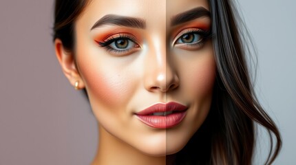 Fototapeta premium Portrait of an adorable woman with makeup, cosmetics, and contour on a studio background. The image is distinctly split into bold, divided sections, showcasing her charming
