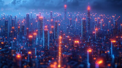 Fototapeta premium Futuristic city skyline at night, glowing buildings, dark clouds, digital art, website banner