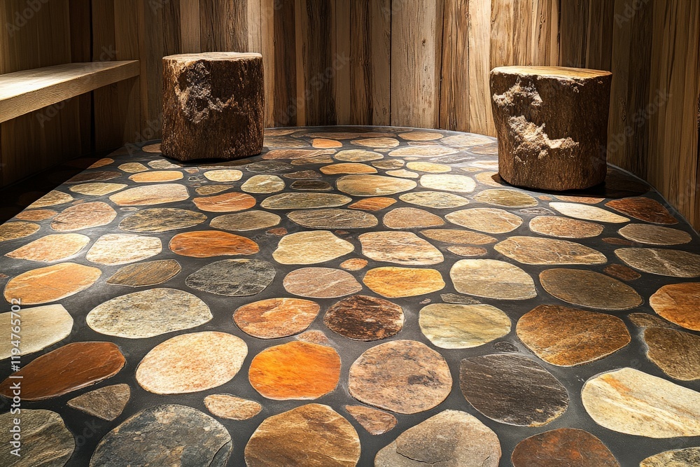 Poster a uniquely designed stone floor in a rustic interior setting, complemented by wooden stools, creates