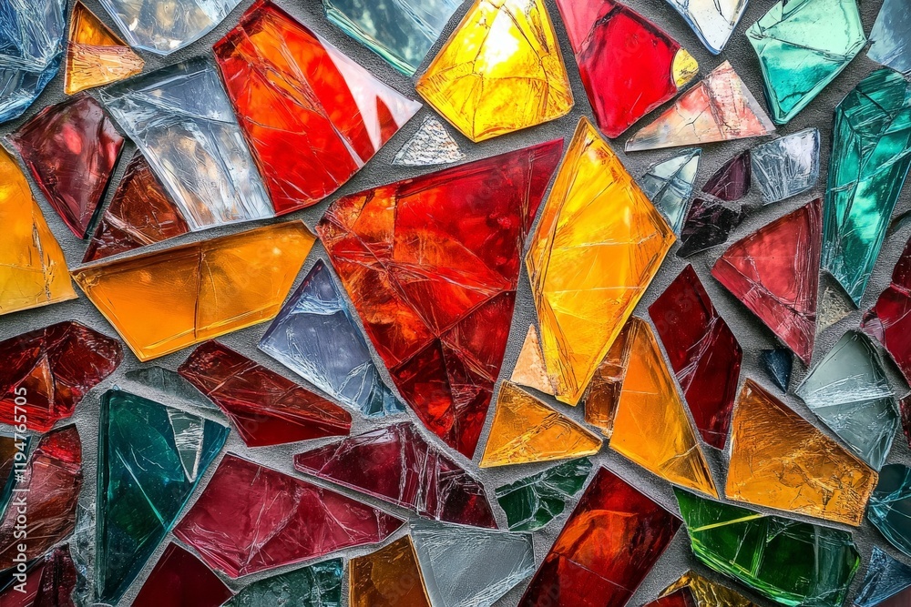 Aufkleber Captivating mosaic art composed of richly colored glass shards arranged dynamically, enhancing spaces with its vivid colors and artistic abstraction suitable for decor.