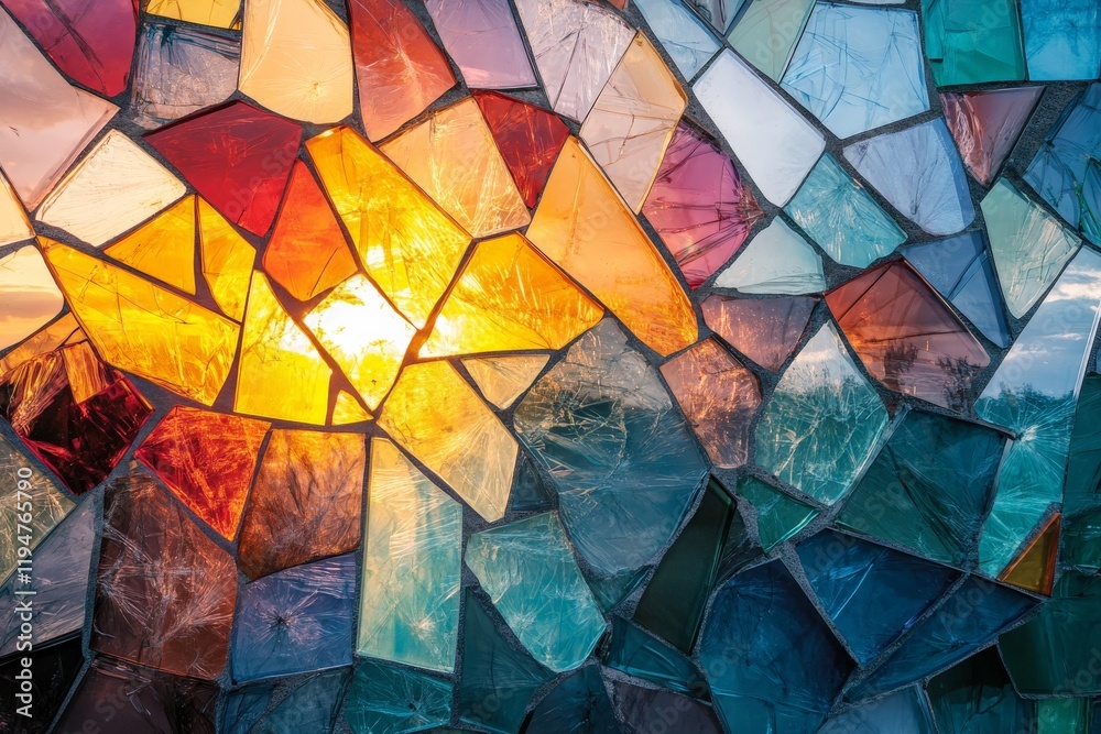 Aufkleber This captivating mosaic image features radiant colors with sunlight filtering through translucent glass pieces, creating a mesmerizing and uplifting visual effect.