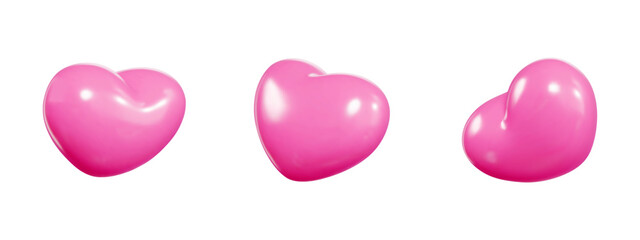 Pink heart shaped balloon 3d vector set floating from different angles. Flying love symbol with glossy surface and realistic shine effect. Decorative elements for romantic celebrations designs.