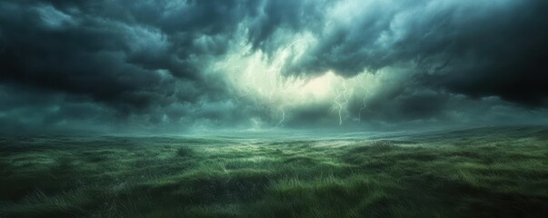 Fototapeta premium A dramatic thunderstorm over a wide-open field with lightning bolts, 4K photo.