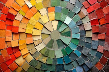 A vibrant circular mosaic with a spectrum of colors forming a radial pattern. This artwork showcases diverse shades from warm to cool, creating a harmonious visual effect.