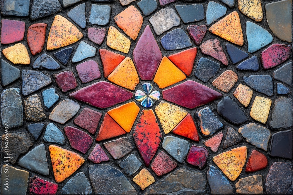 Aufkleber this mosaic image features a central starburst pattern with red, orange, and yellow stones, surround