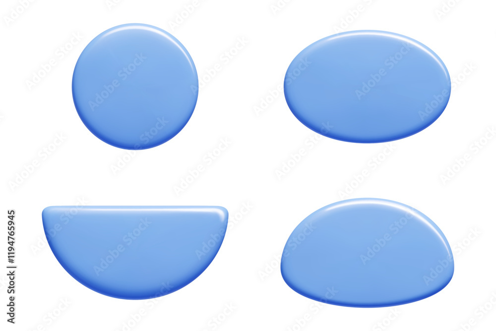 Poster text banner shapes set in glossy blue 3d render vector. circle, oval, semicircle and dome geometric 