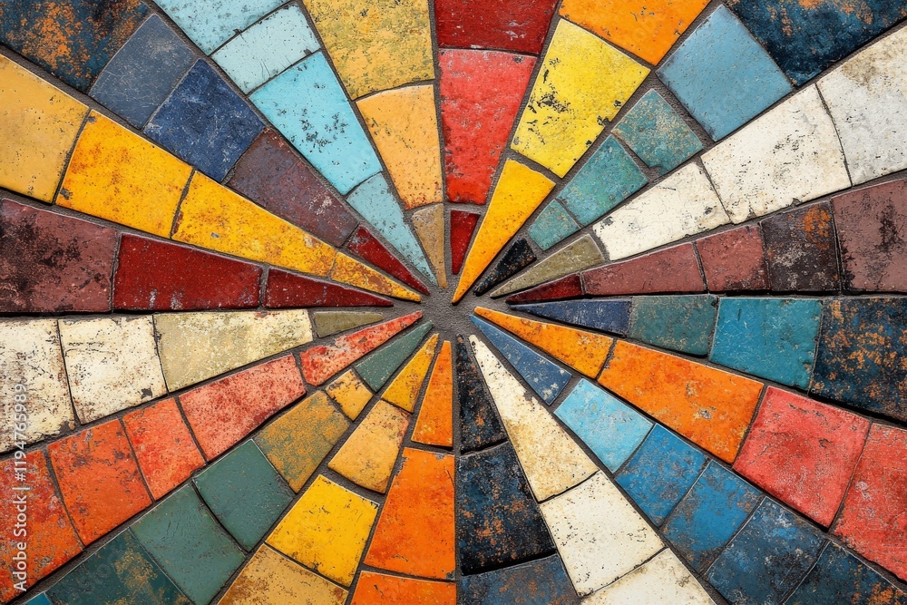 Aufkleber this dynamic mosaic presents a radial layout with a diverse assortment of multicolored pieces, jaunt