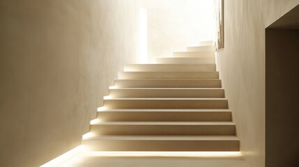 Modern minimalist beige staircase with soft light.