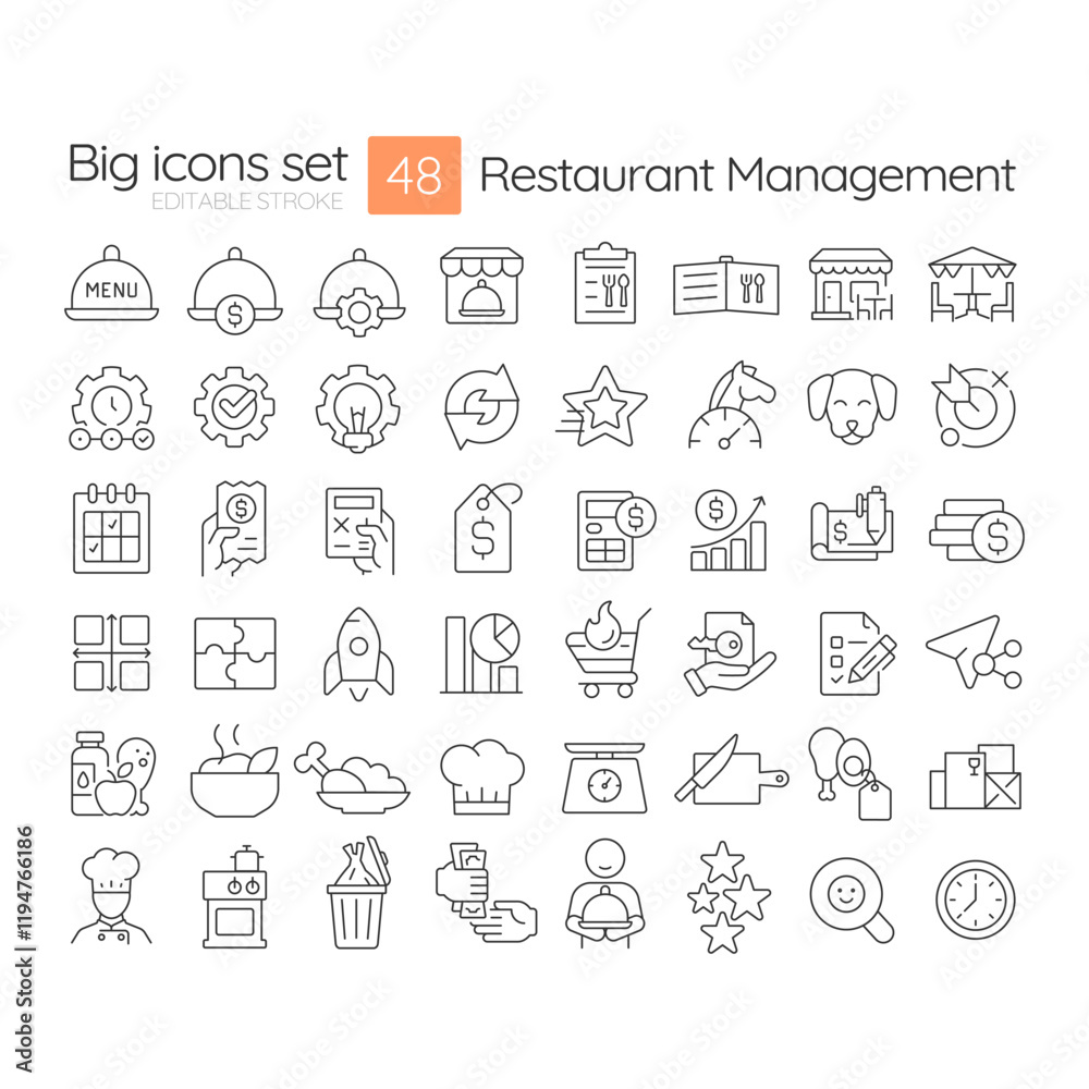 Wall mural Restaurant management linear icons set. Catering business development strategy. Food serving for customers. Customizable thin line symbols. Isolated vector outline illustrations. Editable stroke