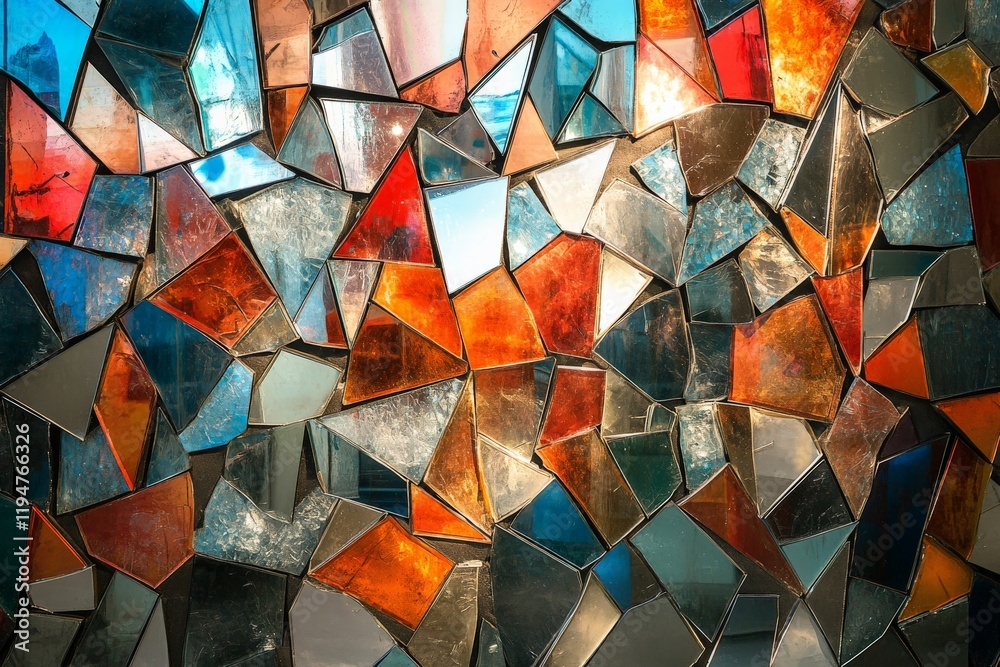 Poster colorful stained glass fragments create a vibrant geometric abstract design, showcasing a blend of b