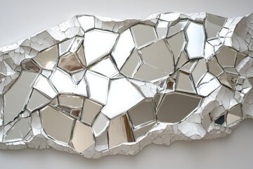 An arrangement of white-outlined fragmented glass pieces creates a striking modern art design,...