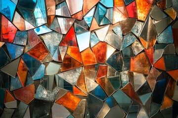 Colorful stained glass fragments create a vibrant geometric abstract design, showcasing a blend of blues, oranges, and reds in an intriguing pattern.