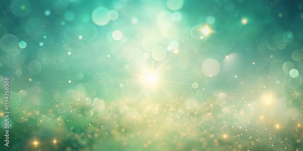 Poster Abstract Green and Gold Glittering Background with Sparkling Lights and Bokeh Effects