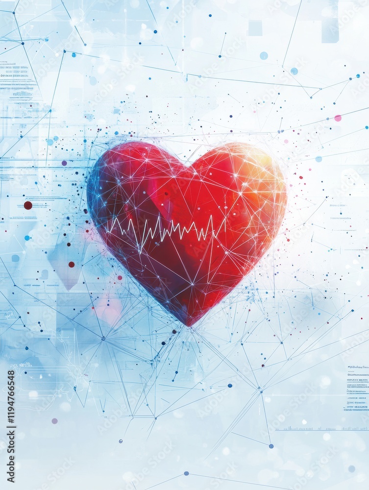 Aufkleber Glowing red heart with dynamic cardiogram surrounded by a network of connections and data. Generative AI