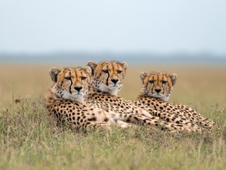 Naklejka premium Three Cheetahs Resting in a Grassy Savanna