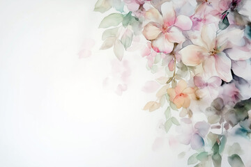 Fototapeta premium Watercolor design featuring a cascade of pastel flowers in one corner, fading into a clean space for text.